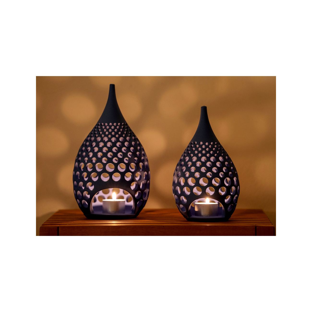 Set of 2 Modern Ceramic Tealight Candle Lanterns, Blue Color, Large